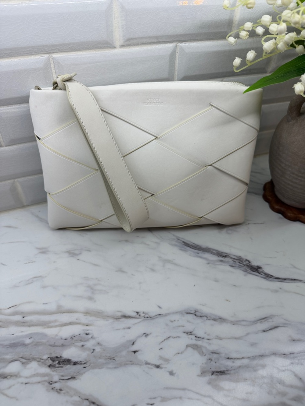 Vince Camuto Ivory Woven Leather Wristlet Clutch - Picture 3 of 7